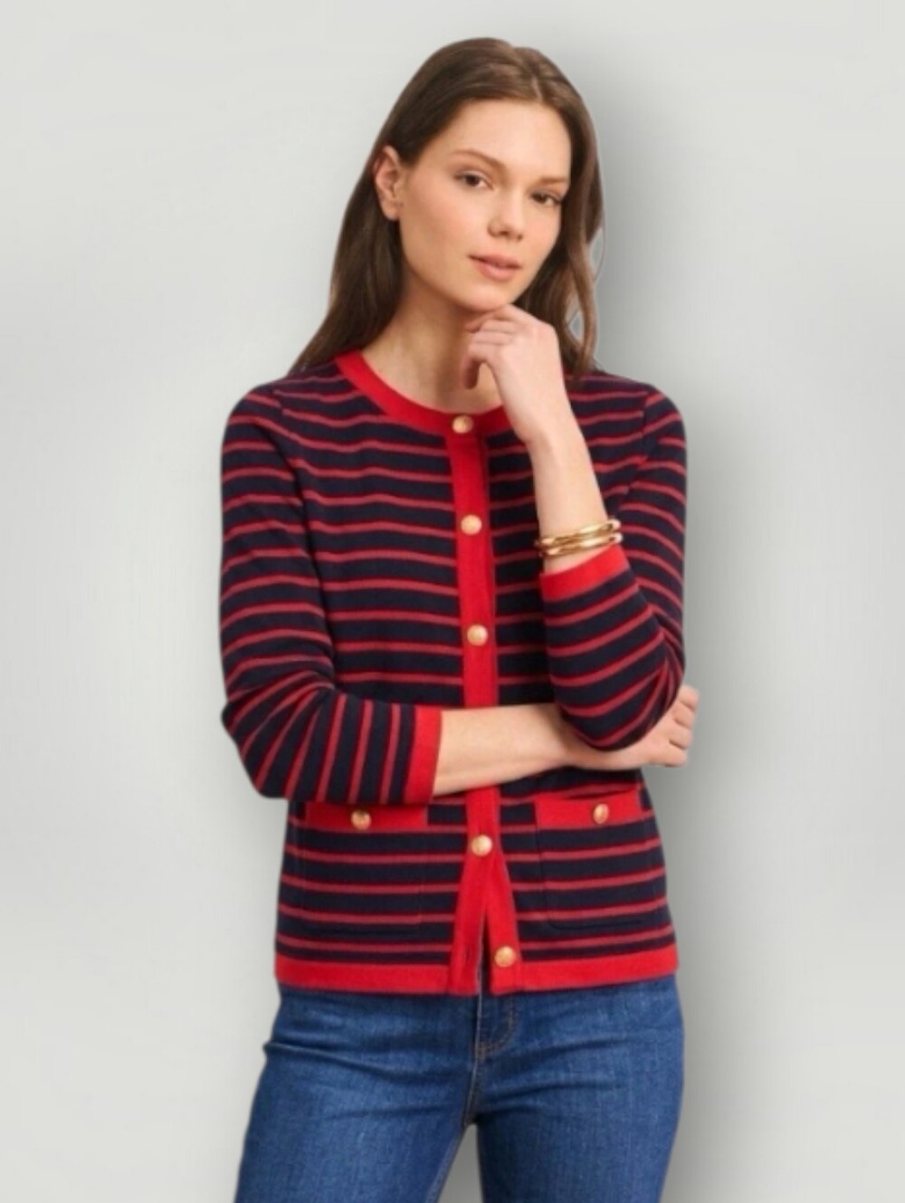 Talbots Delfina Stripe Cardigan XL Navy Red Gold Button Patch Pocket New